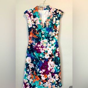 Maggy London Watercolor Floral Cap Sleeve Dress Size 2 Textured Fabric Lined